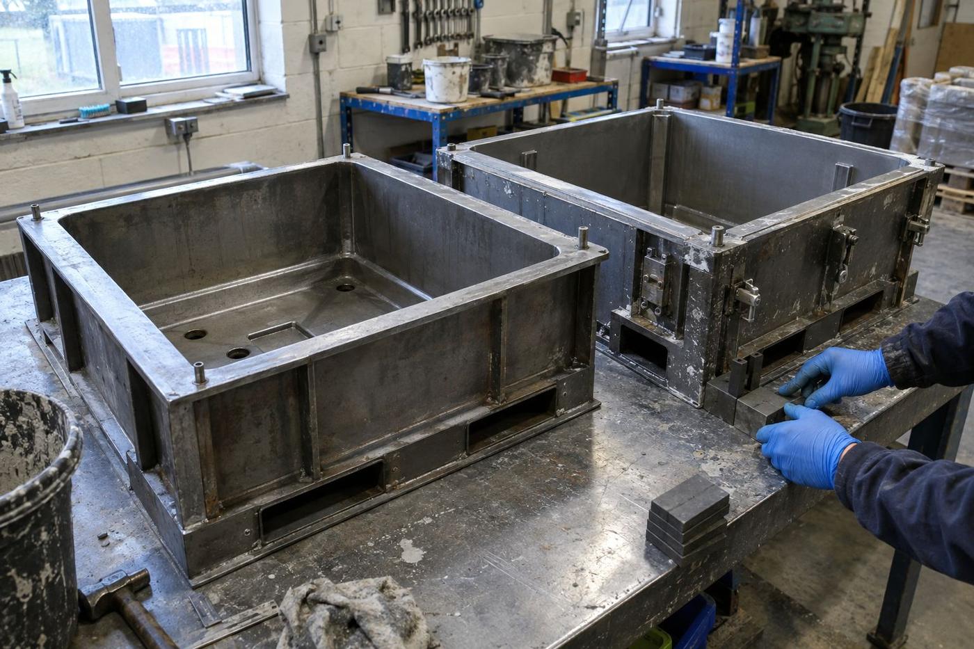 Large planter mould sections showing drainage and forklift pocket details.