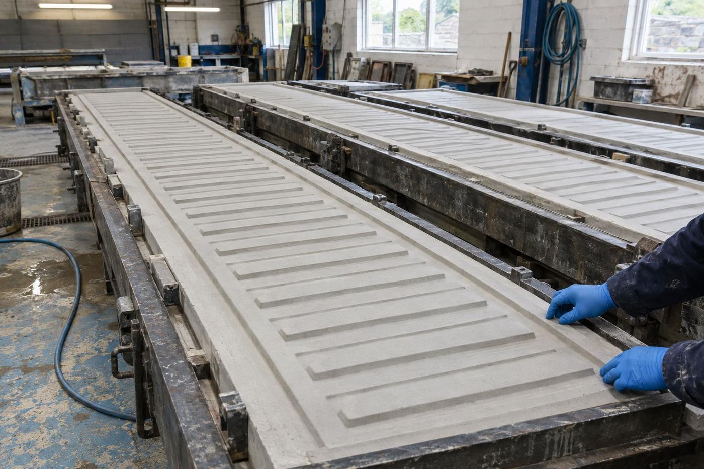 Identical moulds arranged across parallel casting beds in a workshop.