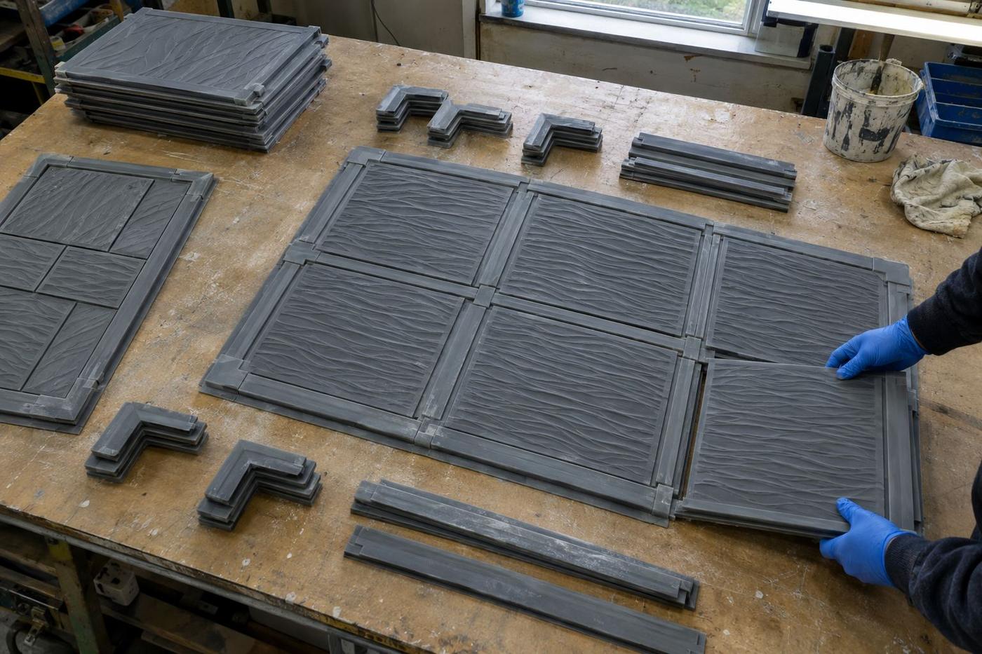 Modular formliner sections arranged to create different panel layouts.