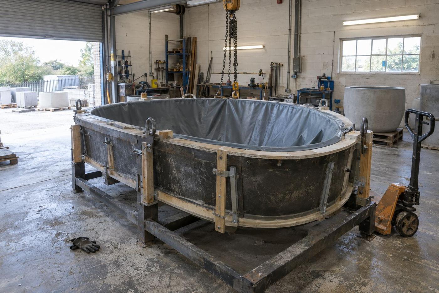 Large mould for a heavy precast planter or seat in a factory bay.