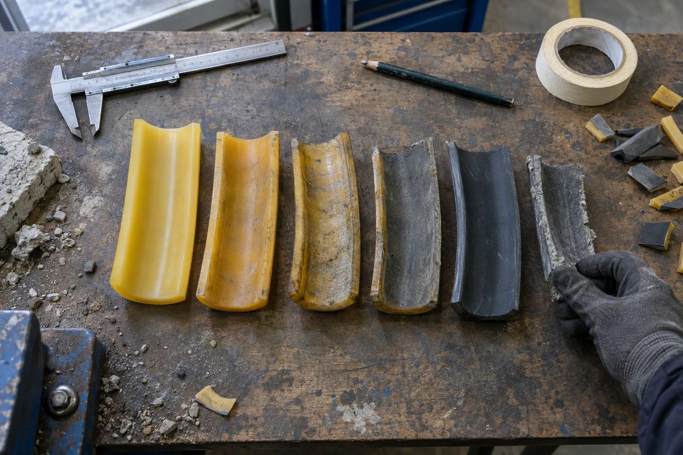 Used and fresh liner samples compared on a workshop bench.