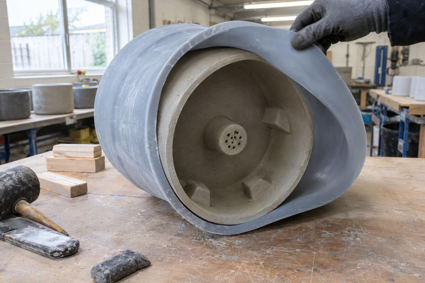 Silicone planter mould showing drainage core and formed base feet.