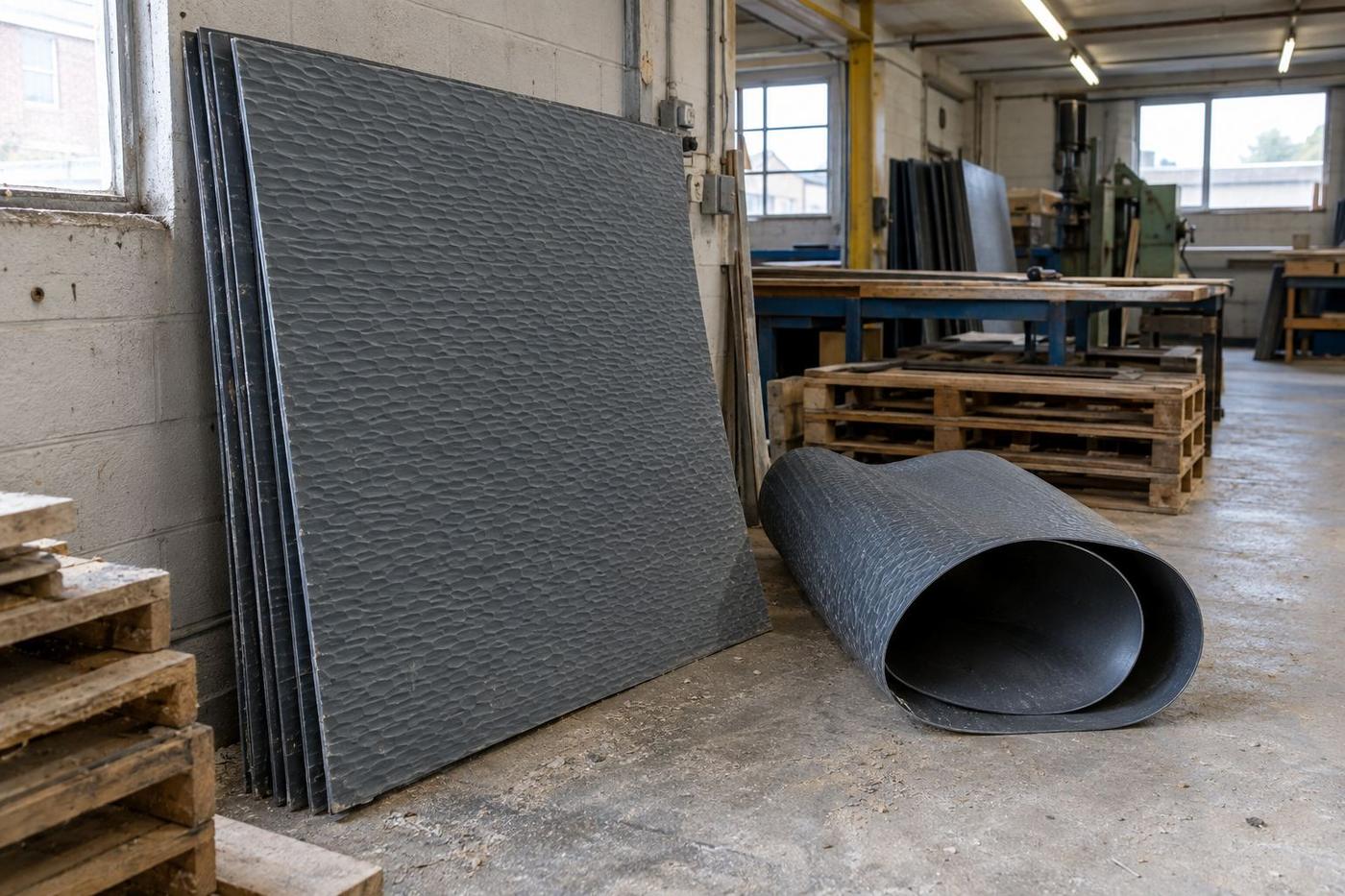 Rigid plastic formliner sheets beside a flexible textured liner.