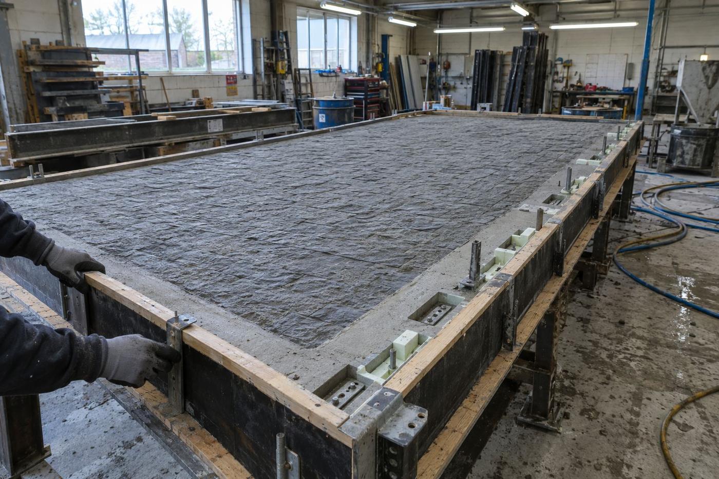 Prepared precast panel bed with edge tooling and textured face liner.