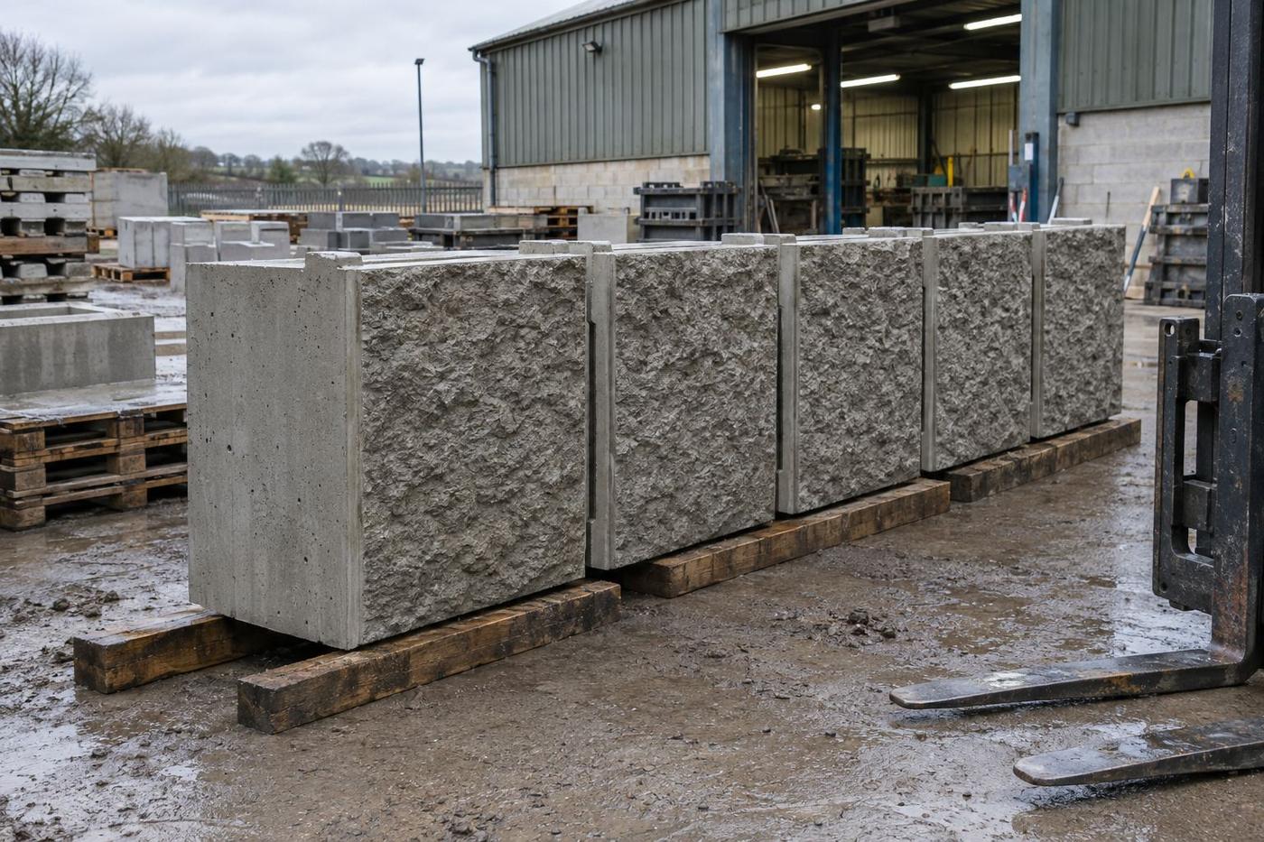 Precast retaining wall units lined up in a concrete yard.