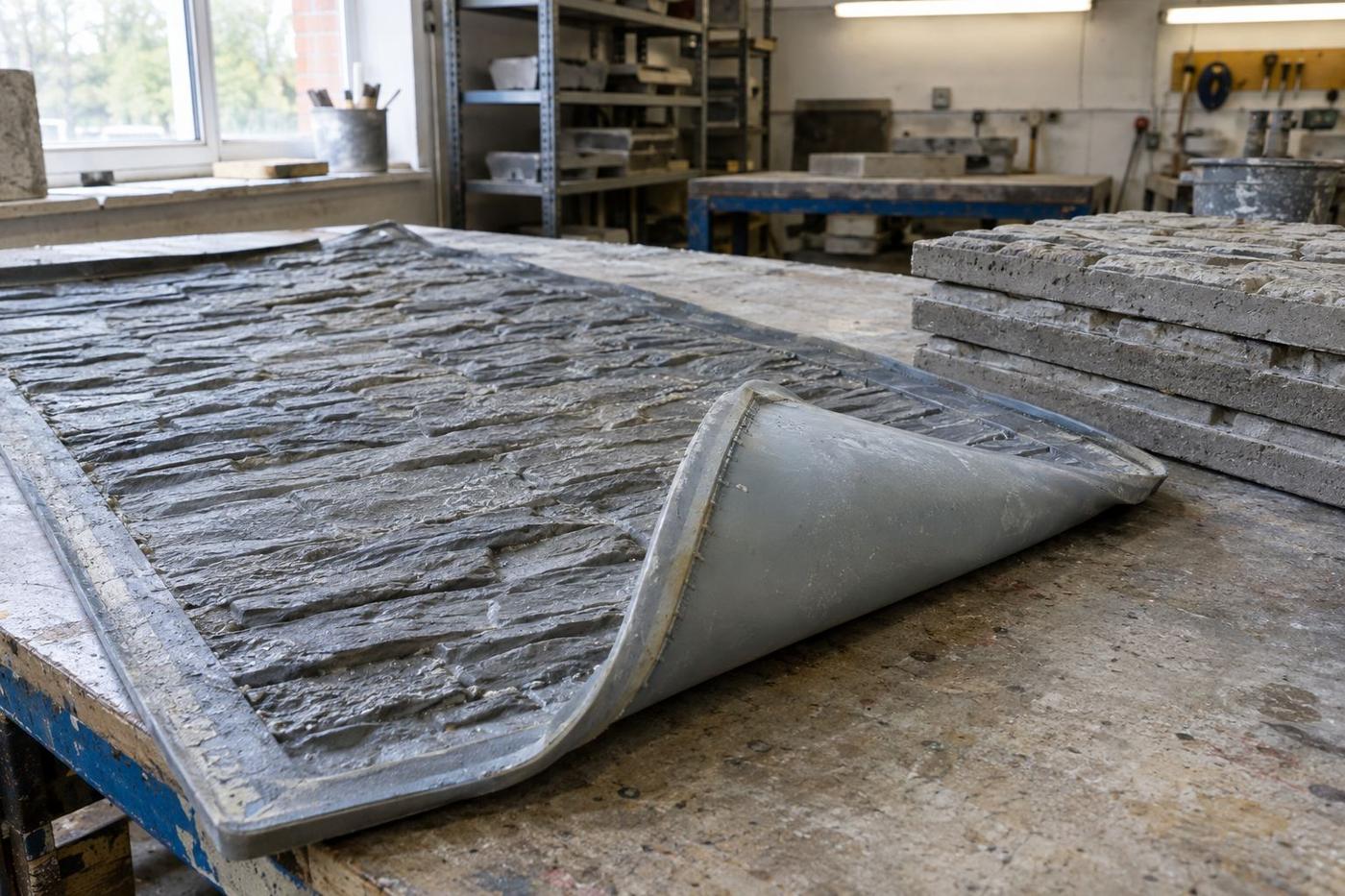 Reusable textured formliner showing reinforced edge and used surface.