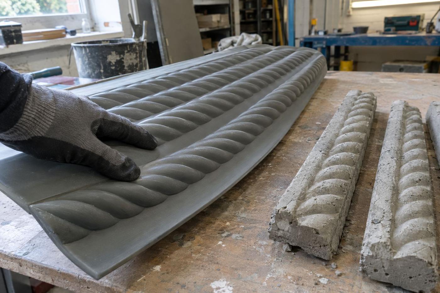 Rope-textured flexible liner beside small concrete sample strips.