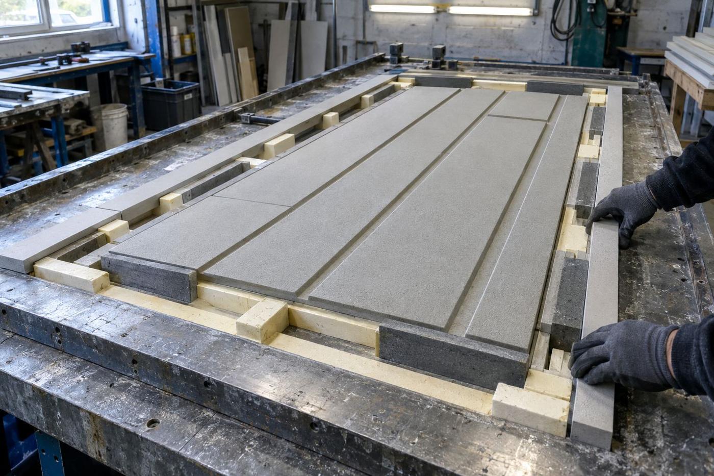 Sandwich panel face tooling arranged on a casting bed.