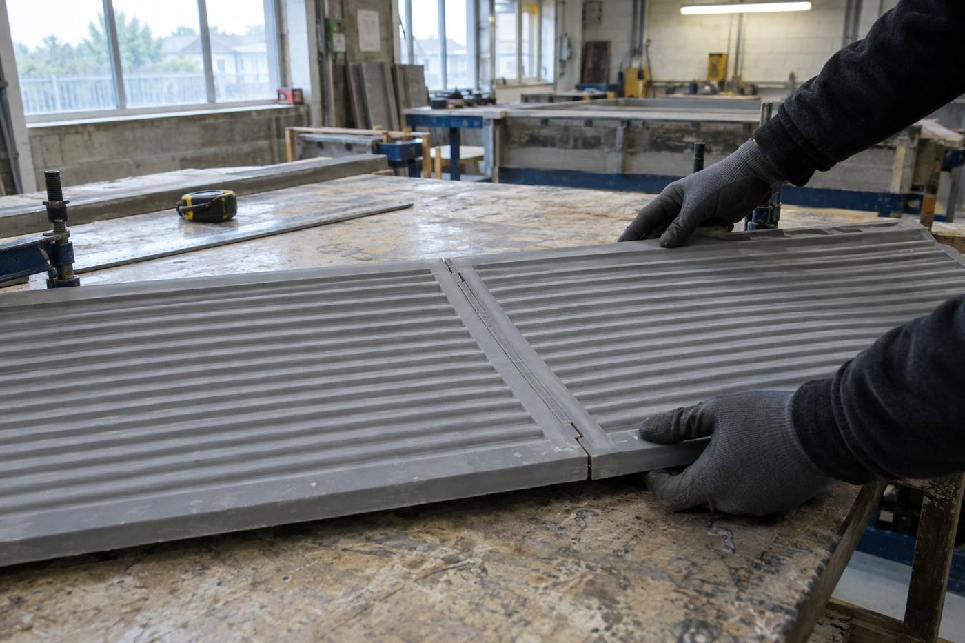 Gloved hands align two large silicone formliner sections on a workbench.