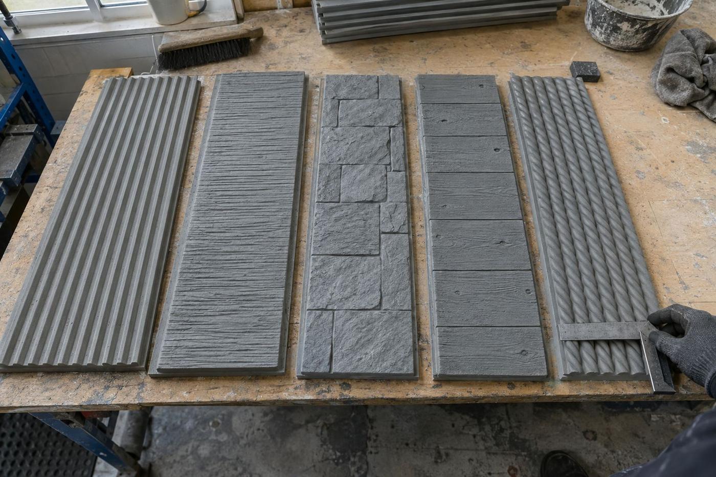Overhead view of textured silicone formliner samples on a workshop bench.