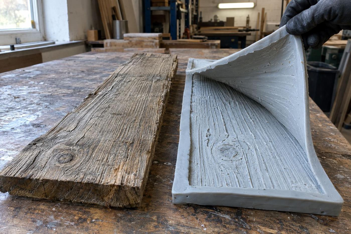 Silicone mould lifted beside weathered timber showing captured grain detail.