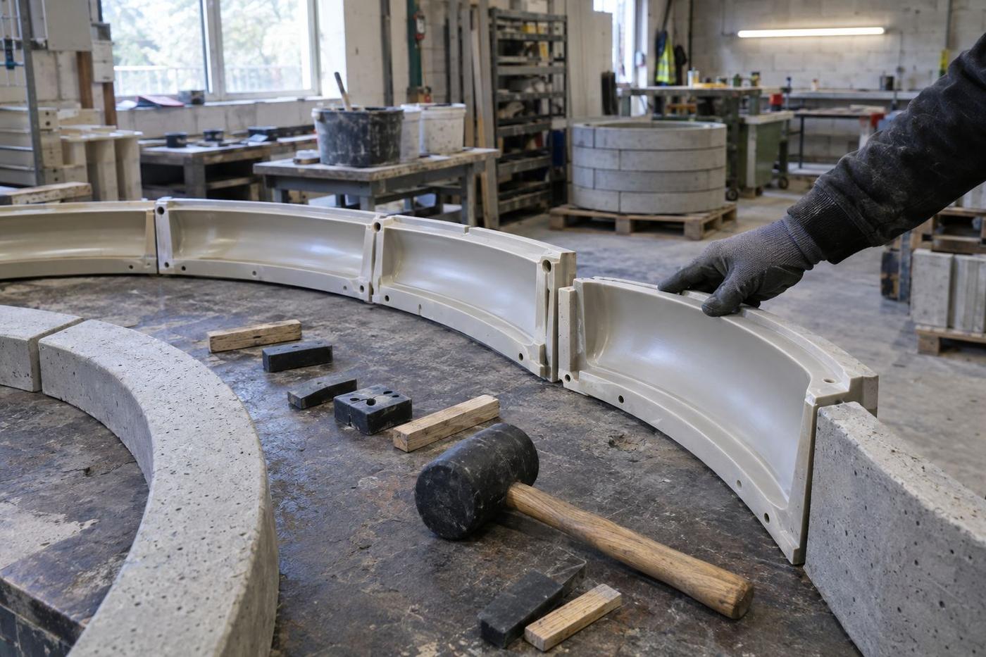Curved mould segments arranged for a precast tree surround system.