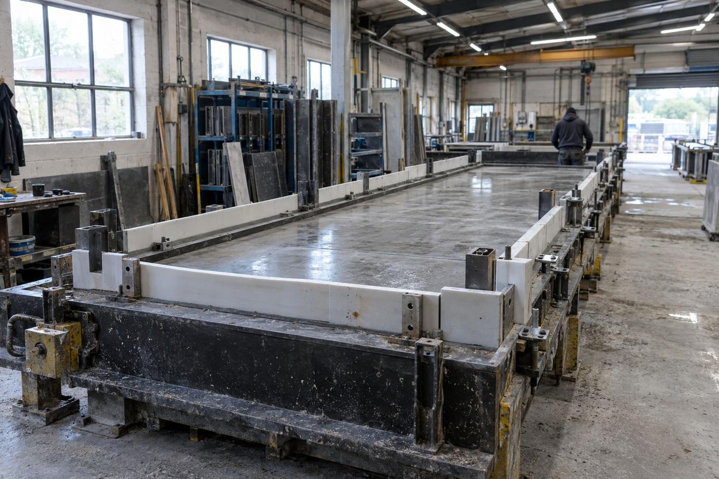 Precast wall panel mould set into a long casting bed.