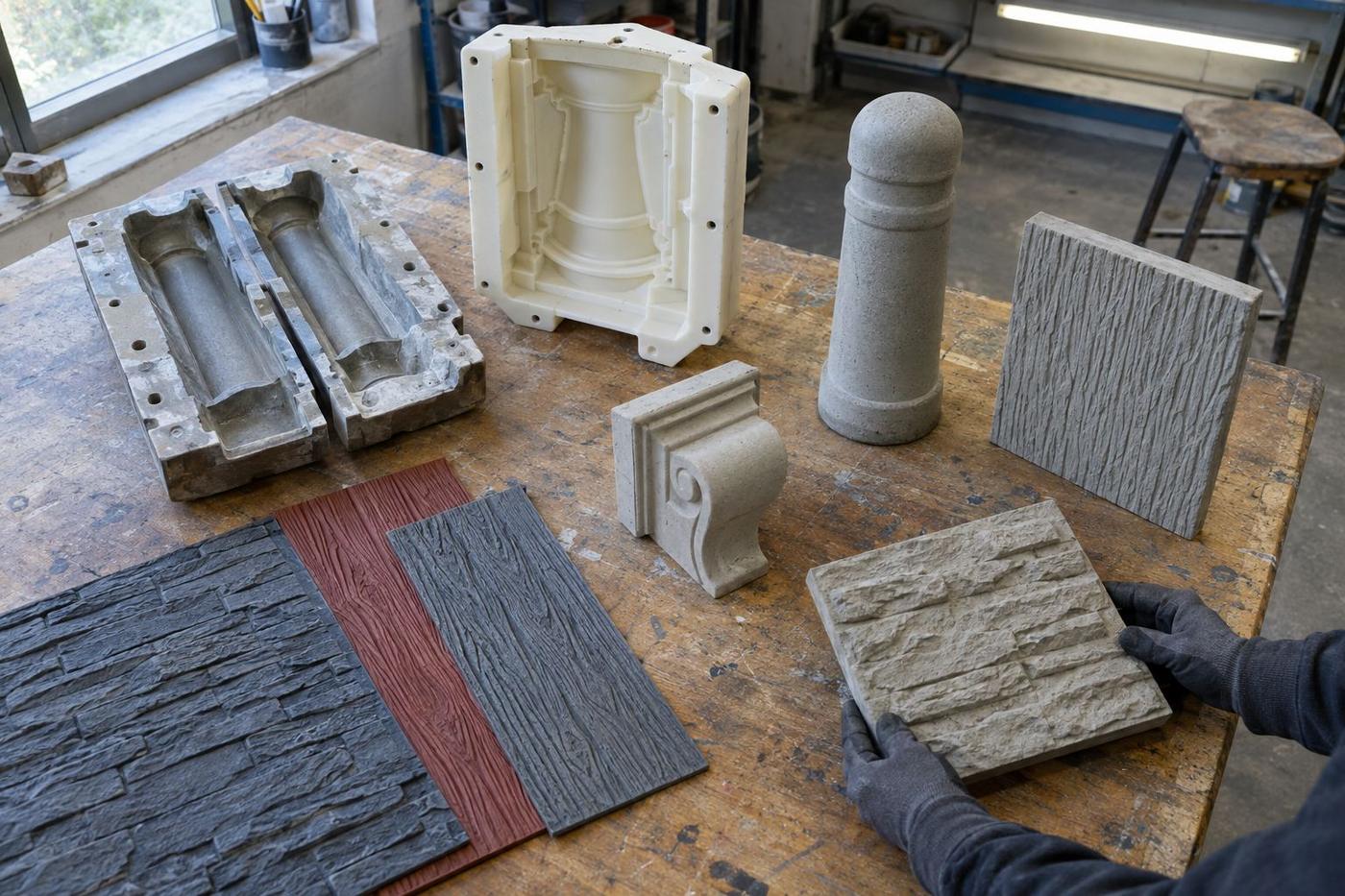 Mixed moulds, liners and precast samples arranged on a worktable.