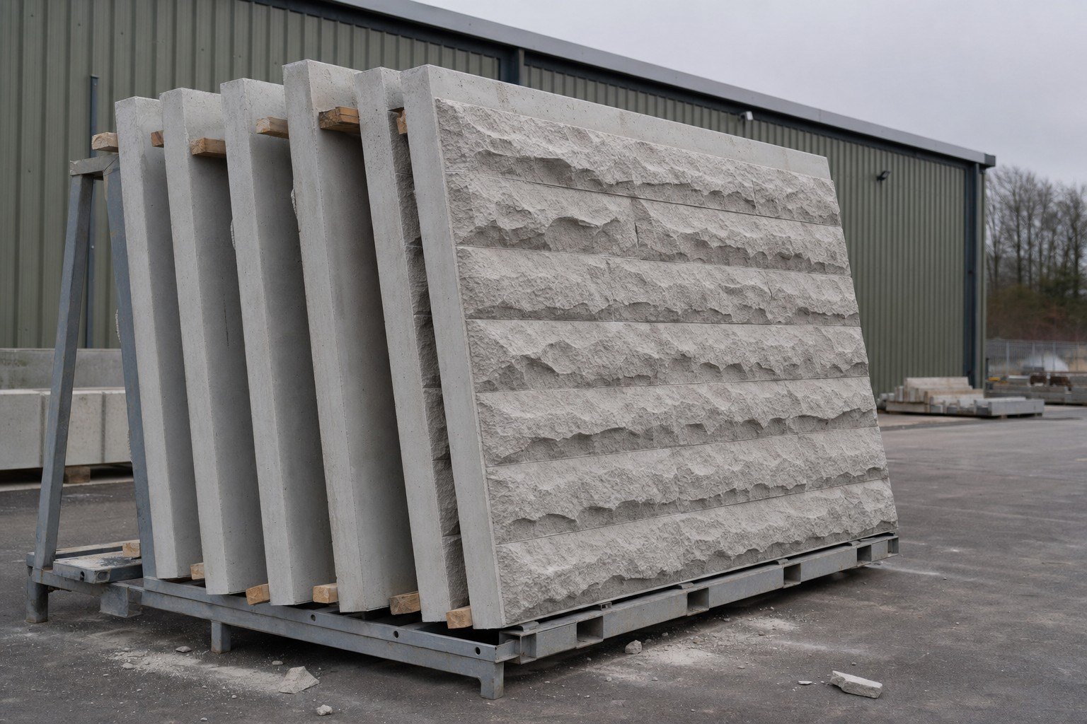 Precast cladding panels with a deep riven stone texture stacked on edge in a yard rack