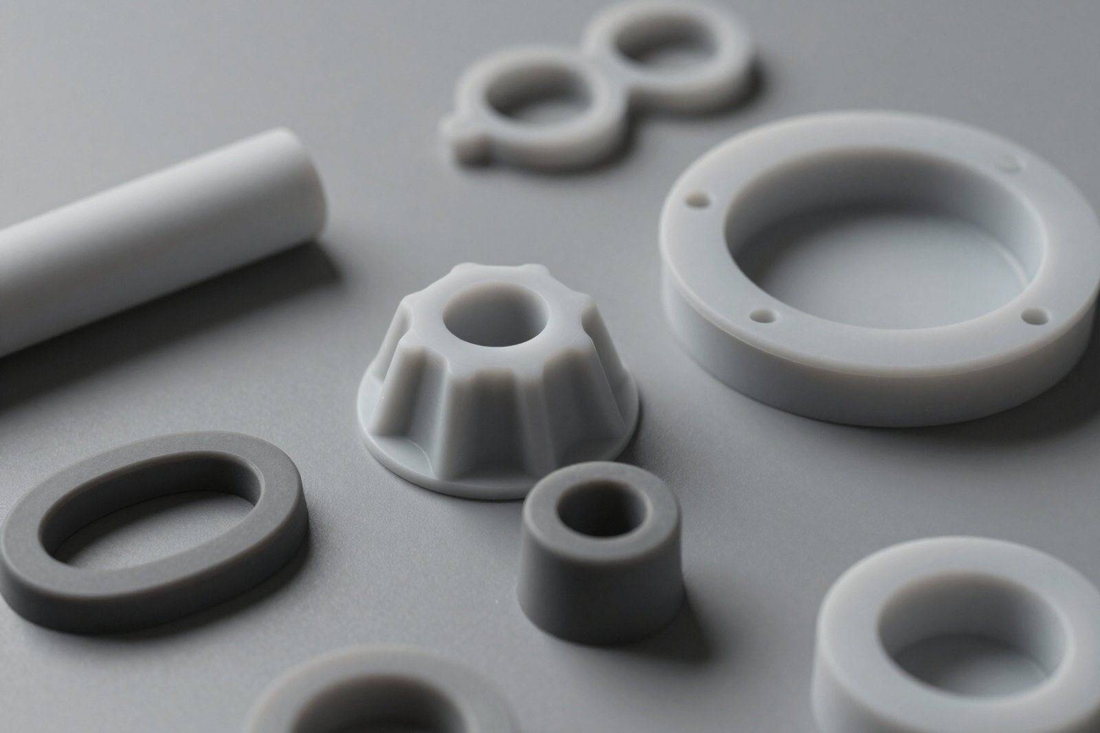 Moulded grey silicone rings, bushes and a flanged seal laid out on a plain bench