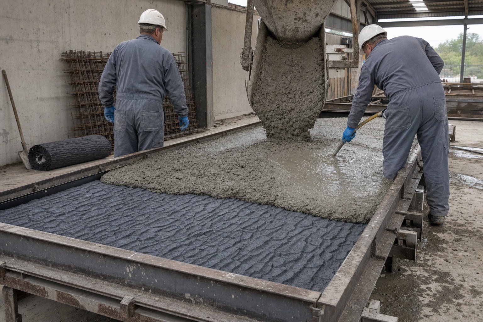 Concrete placed into a formliner-lined casting bed. Every pour works the face against the mix.