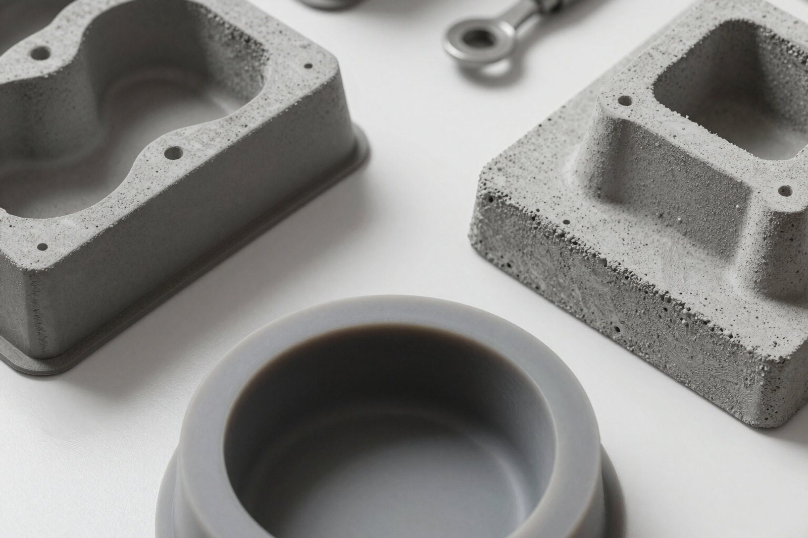 Small cast concrete units with moulded recesses beside the grey silicone mould that formed them
