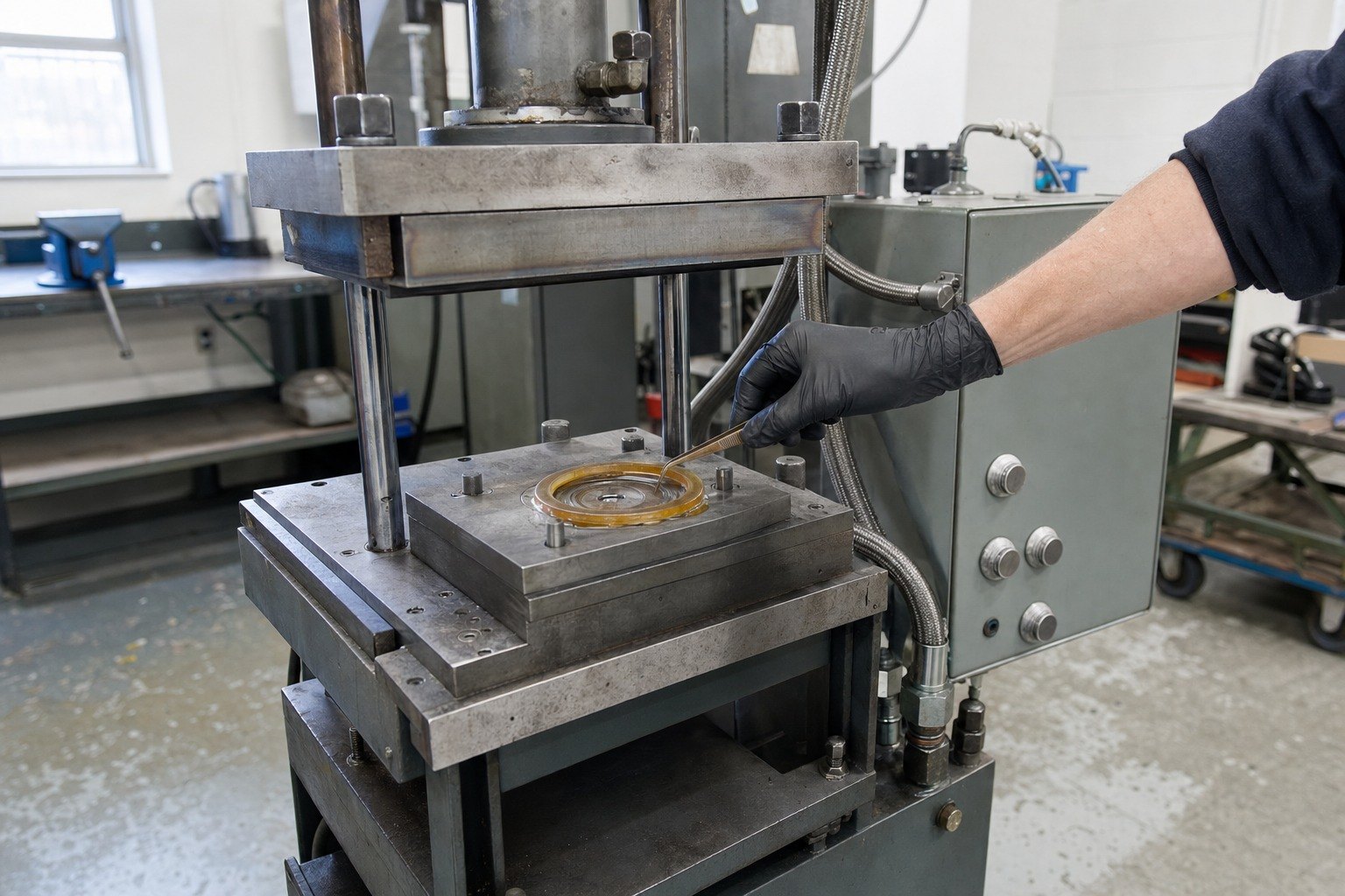 Compression moulding at bench scale, an amber silicone gasket lifted from the open steel tool.