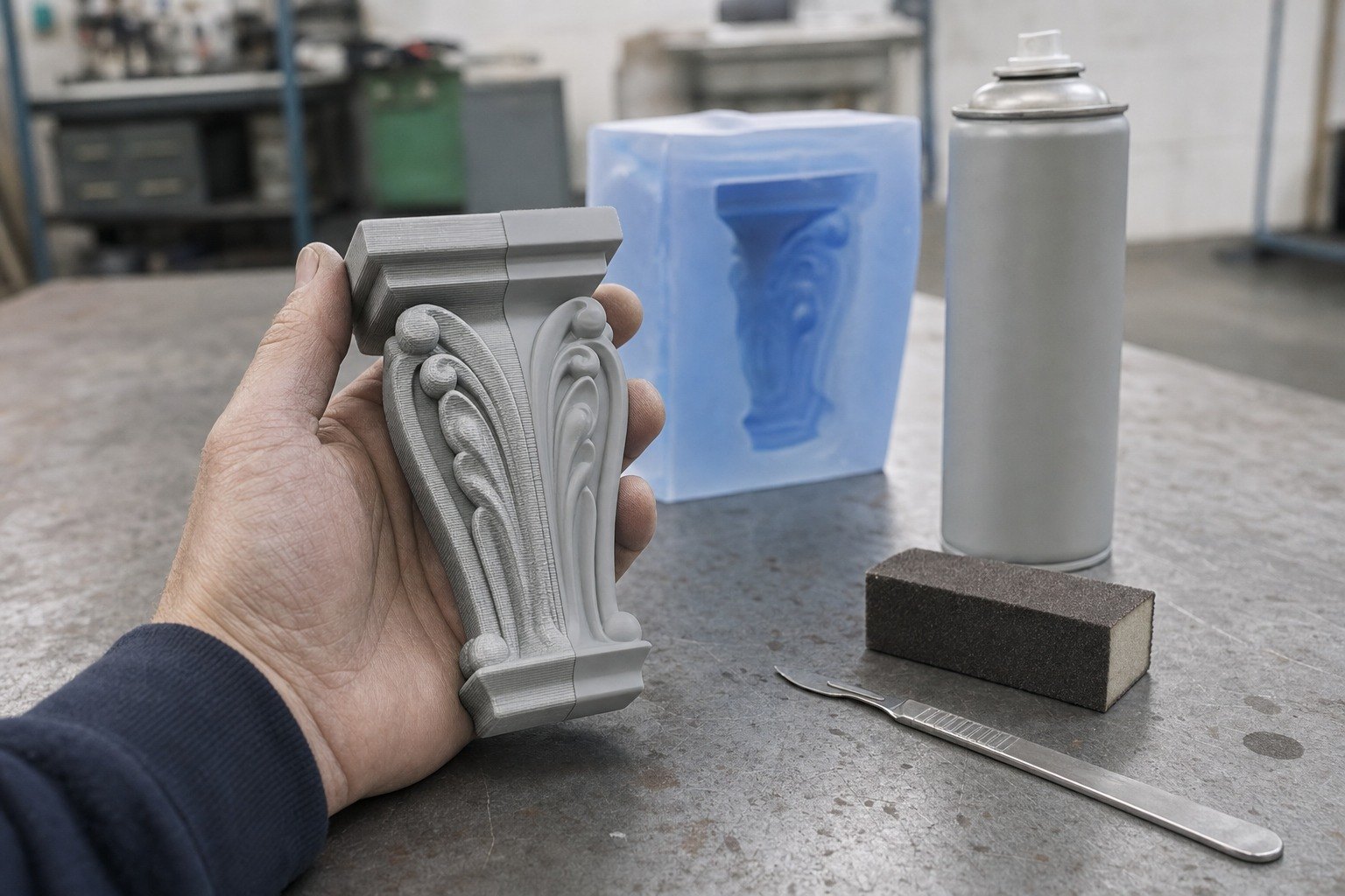 A printed corbel master and the silicone block mould taken from it. Printing here serves the mould.