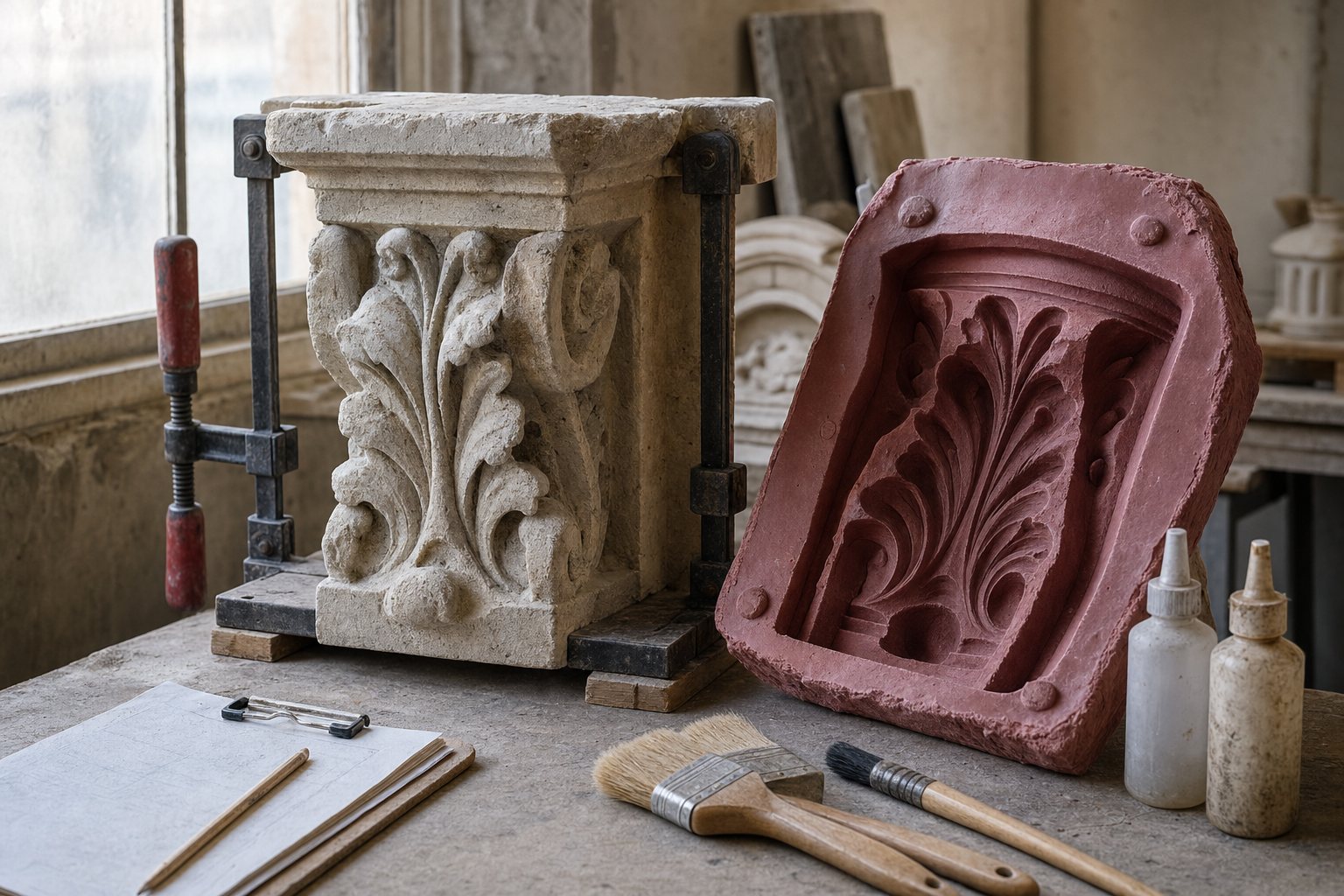 Carved stone capital clamped on a bench beside the red silicone mould taken from it