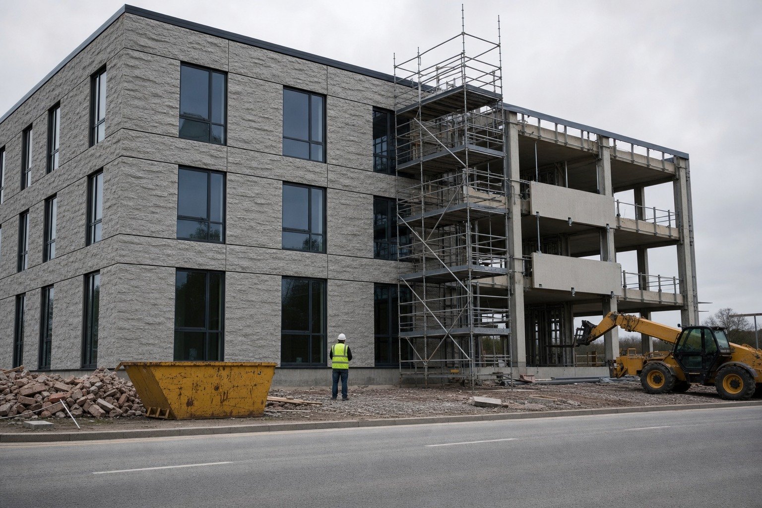 Textured precast cladding part-fitted to a frame, where the finish is finally judged.