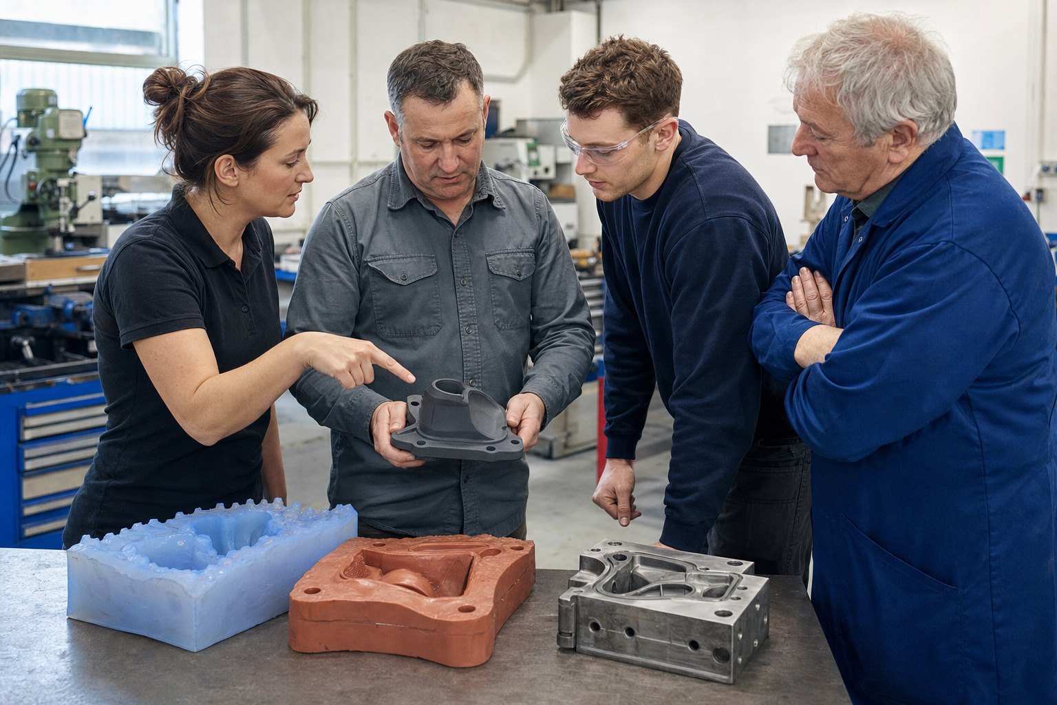 Four colleagues around a bench examining a moulded flanged part beside two silicone moulds