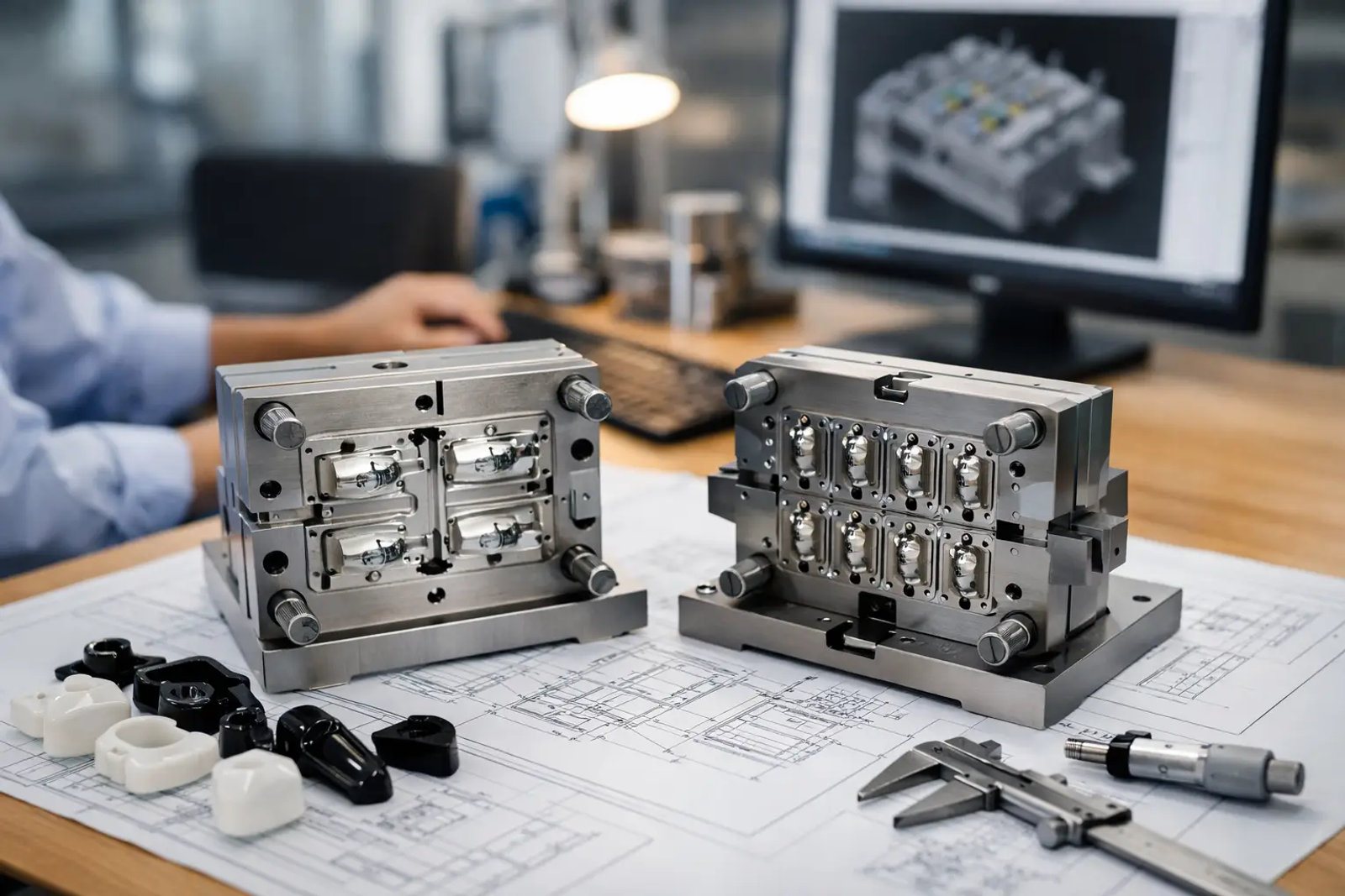 Two multi-cavity steel mould tools on engineering drawings with moulded parts and calipers