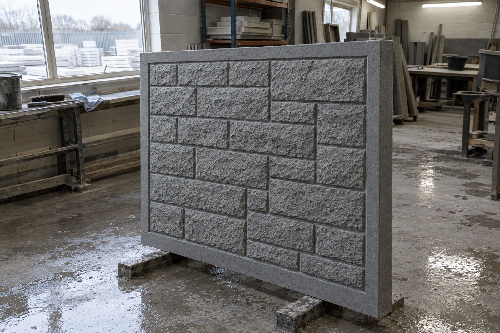 A concrete panel cast with the ashlar stone texture